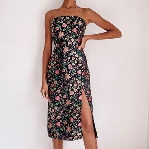 Lulus Make a Move Black Satin Floral Jacquard Strapless Midi Dress